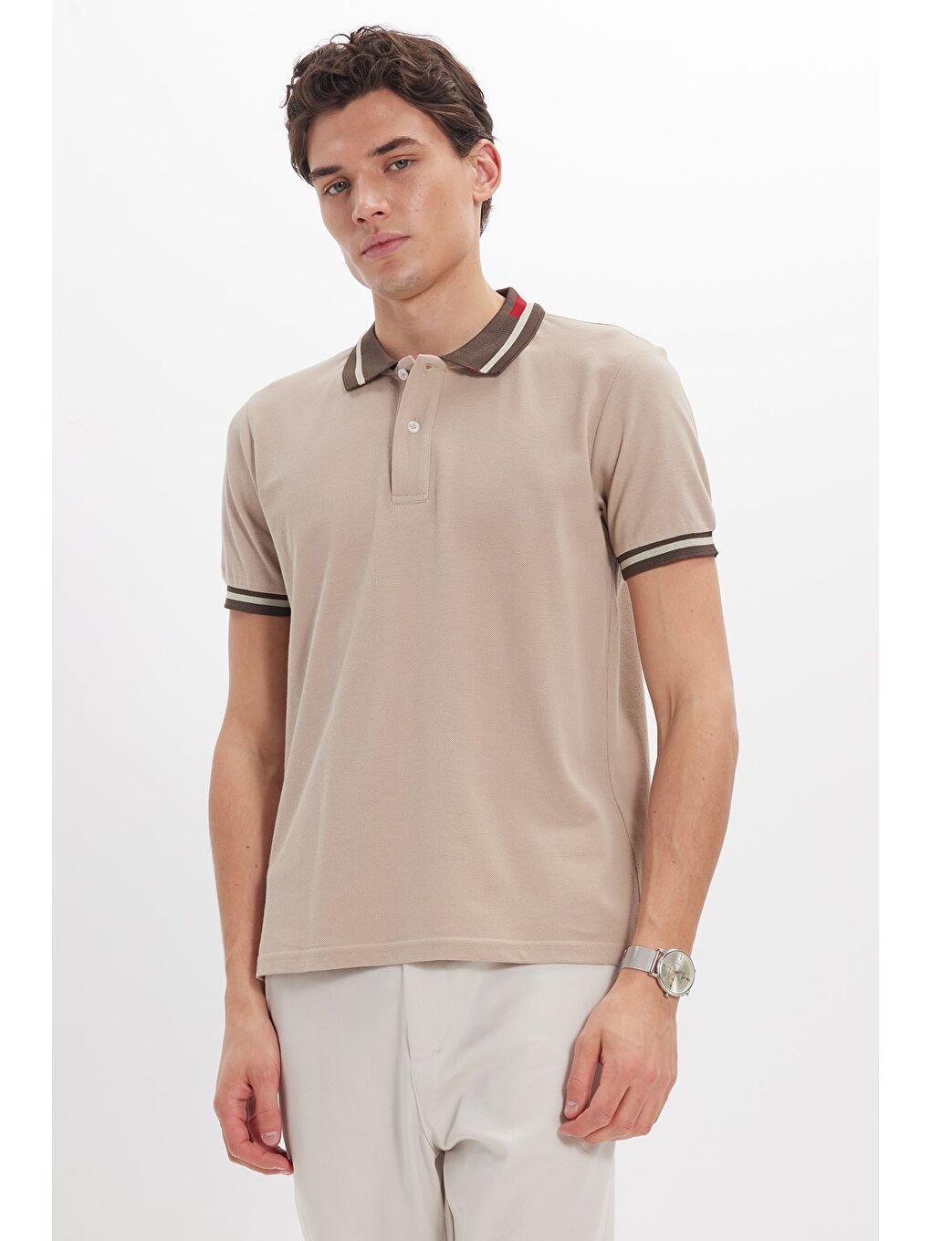 Erkek Slim Fit Dar Kesim %100 Pamuk Düz Pike Yaka Ve Kol Detaylı Bej Polo Yaka Tişört-6