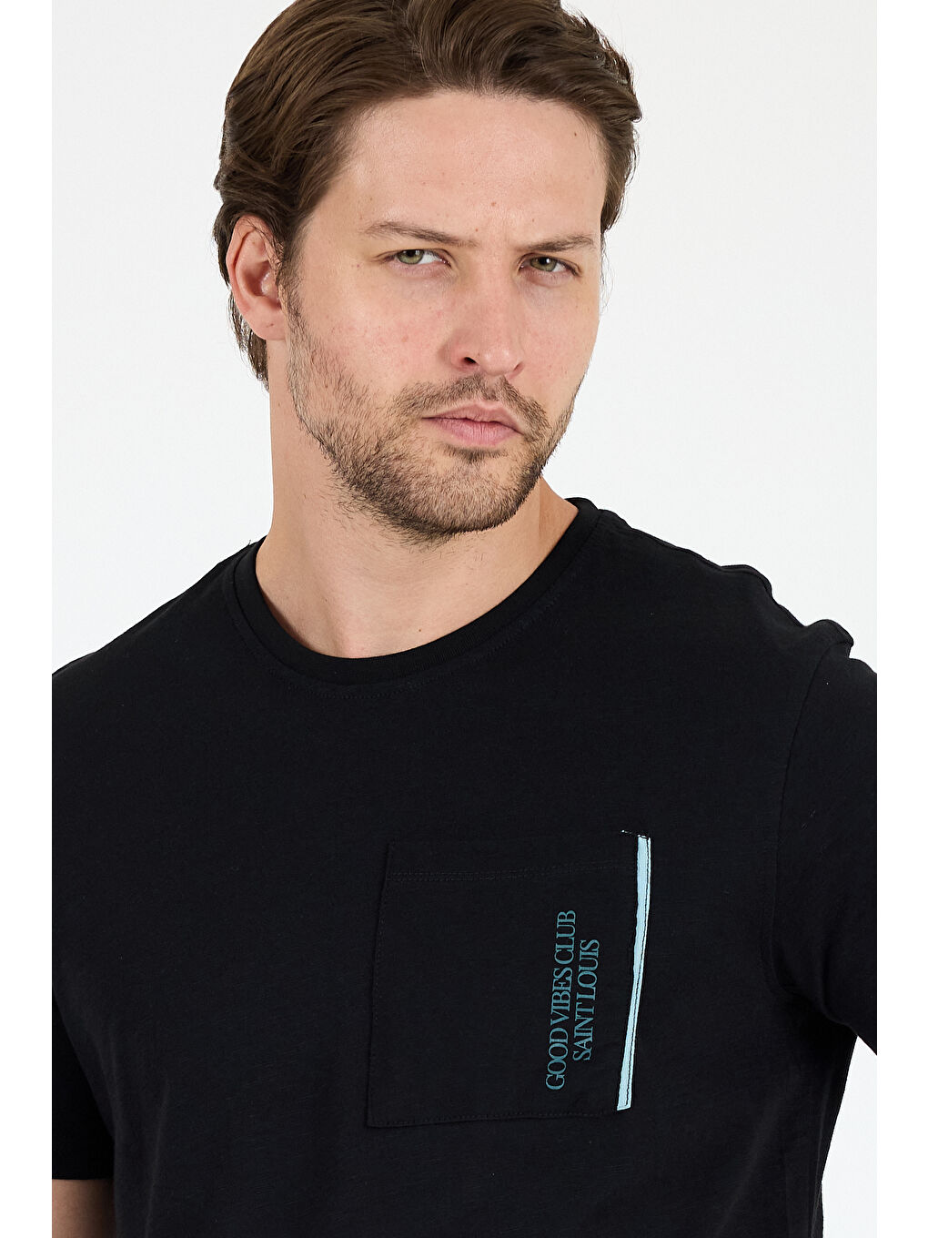 Siyah Bisiklet Yaka Baskılı Penye Erkek %100 Pamuk Tişört-3