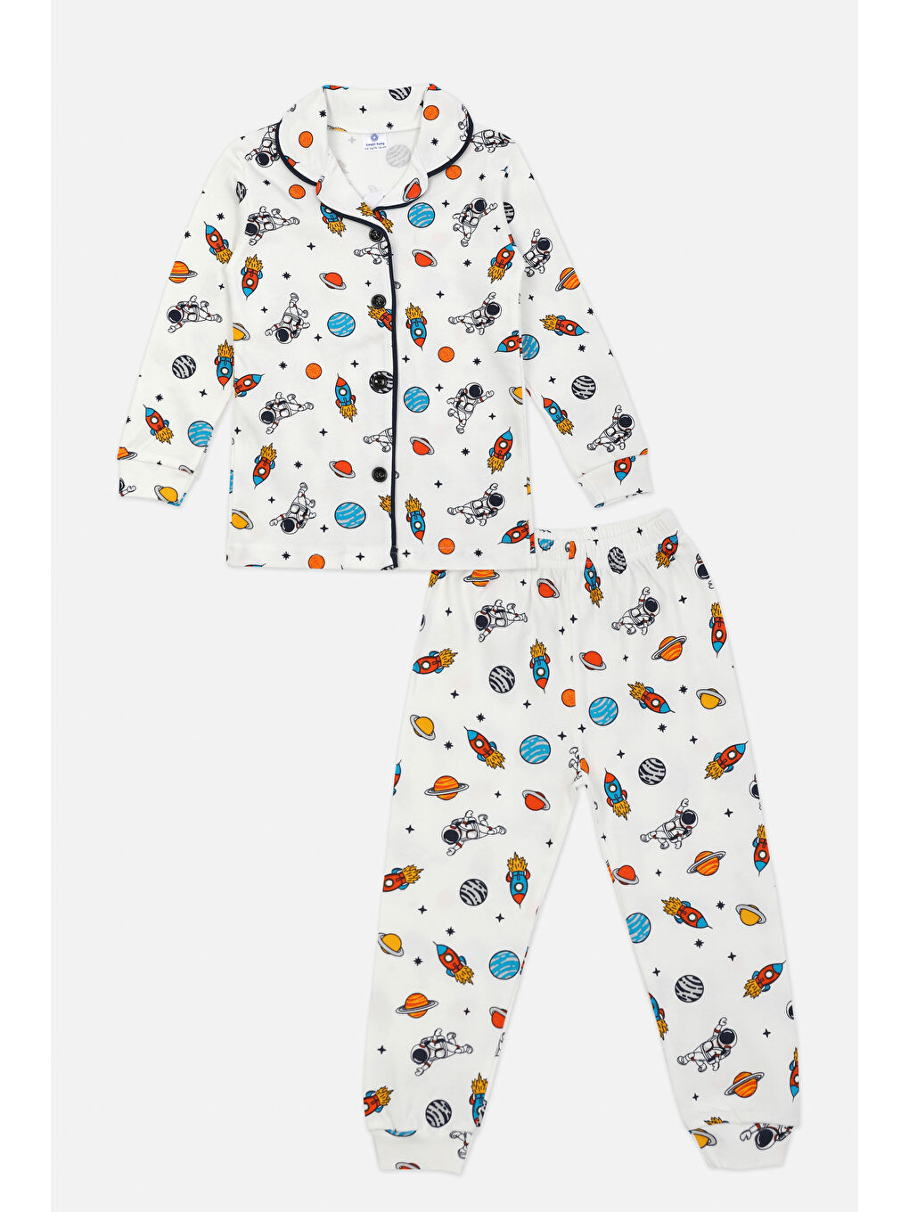 Ekru Astronot Desenli Düğmeli Erkek Çocuk Pijama Takımı