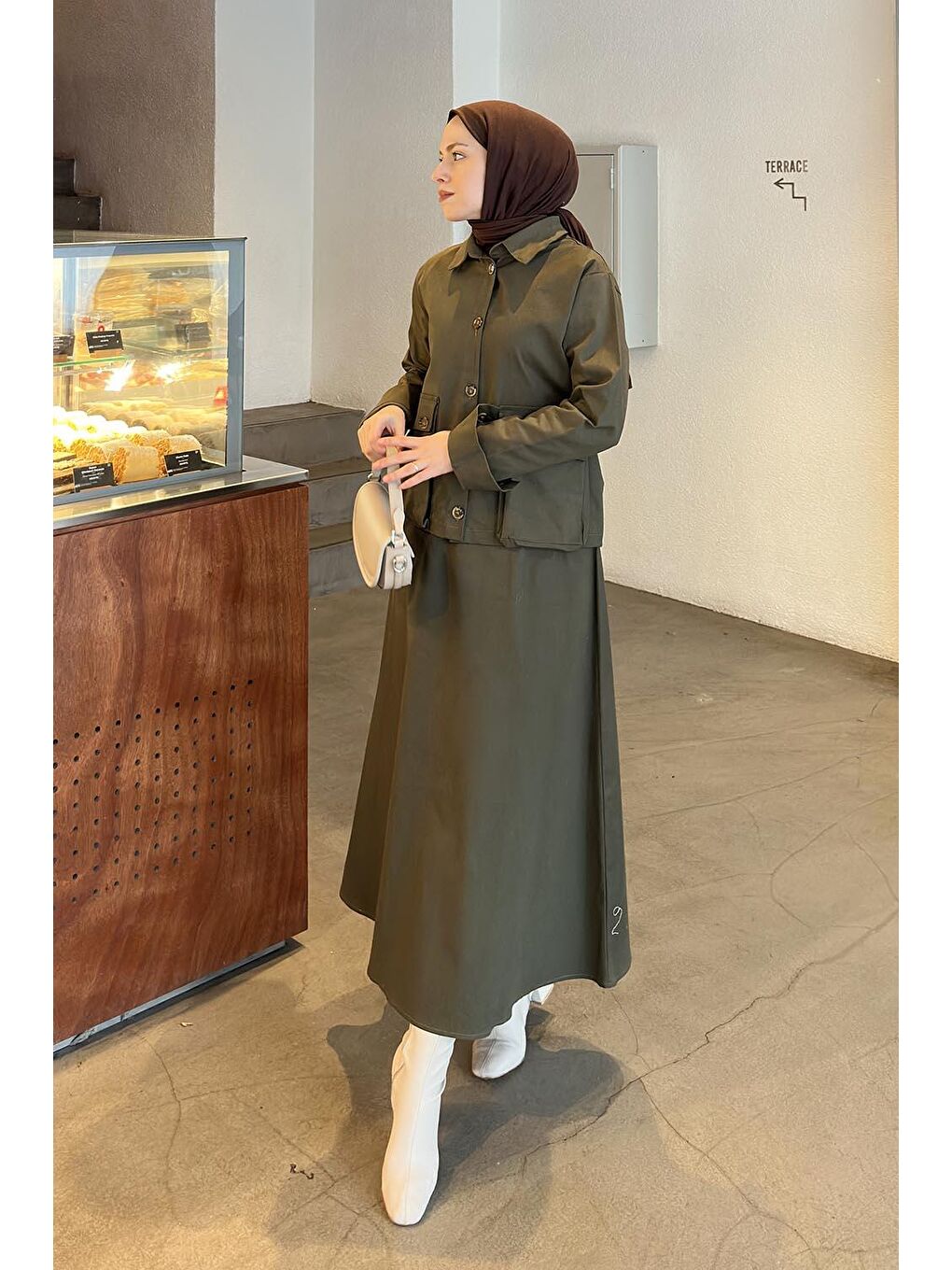 Cep Detaylı İkili Etek Tesettür Takım Koyu Yeşil-1