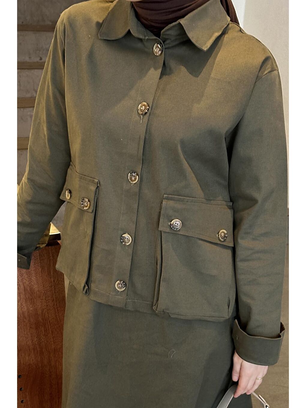 Cep Detaylı İkili Etek Tesettür Takım Koyu Yeşil-2