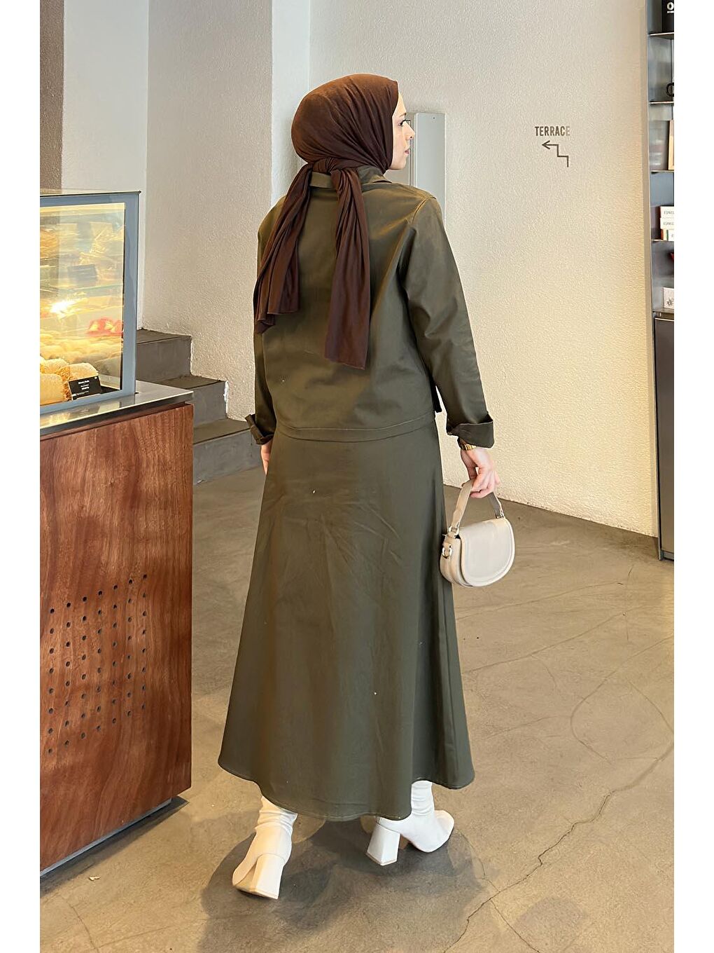 Cep Detaylı İkili Etek Tesettür Takım Koyu Yeşil-3