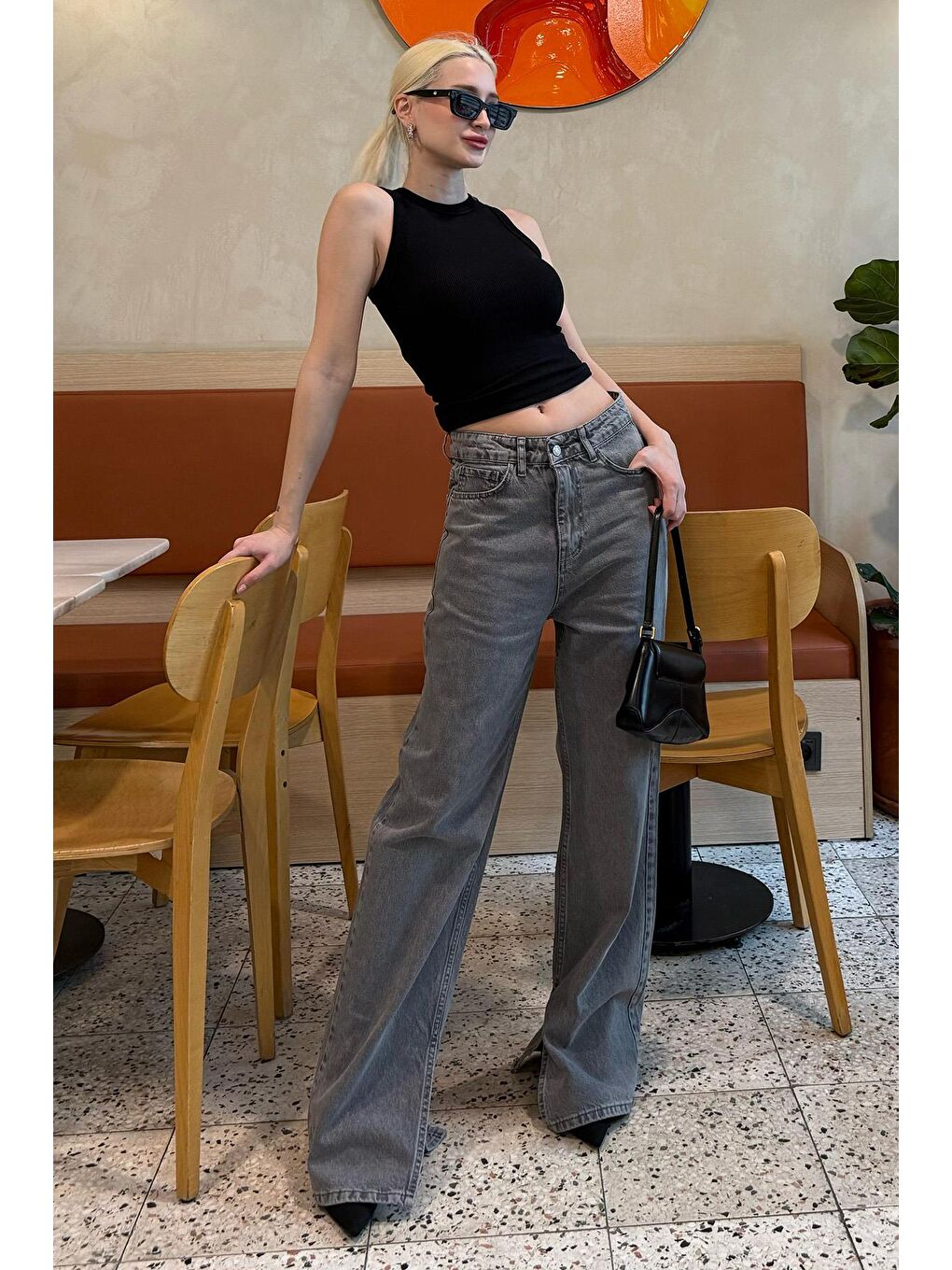 Gri Yüksek Bel Paçası Yırtmaçlı Kadın Jean Mg1384-5