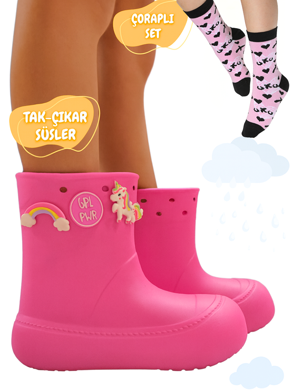 Pembe Kız Yağmur Botu & Pamuklu Çorap Takım