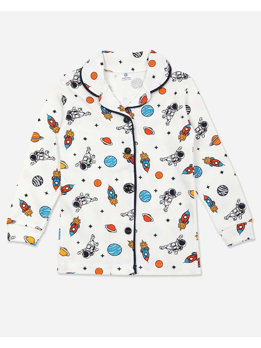 Ekru Astronot Desenli Düğmeli Erkek Çocuk Pijama Takımı-1