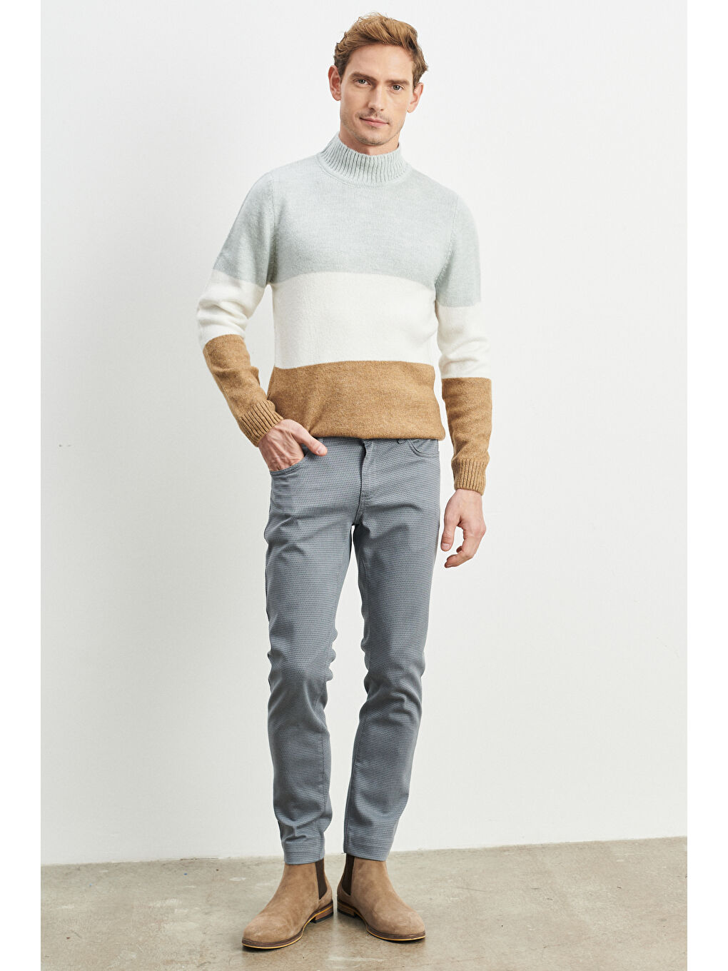 Erkek Gri-Mavi Slim Fit Dar Kesim Armürlü Esnek Casual Pantolon