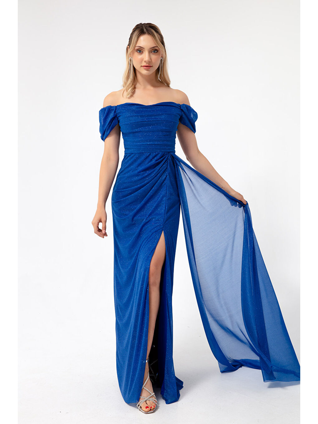 Mavi Kadın Saks Kayık Yaka Drapeli Yırtmaçlı Uzun Simli Abiye Elbise-2
