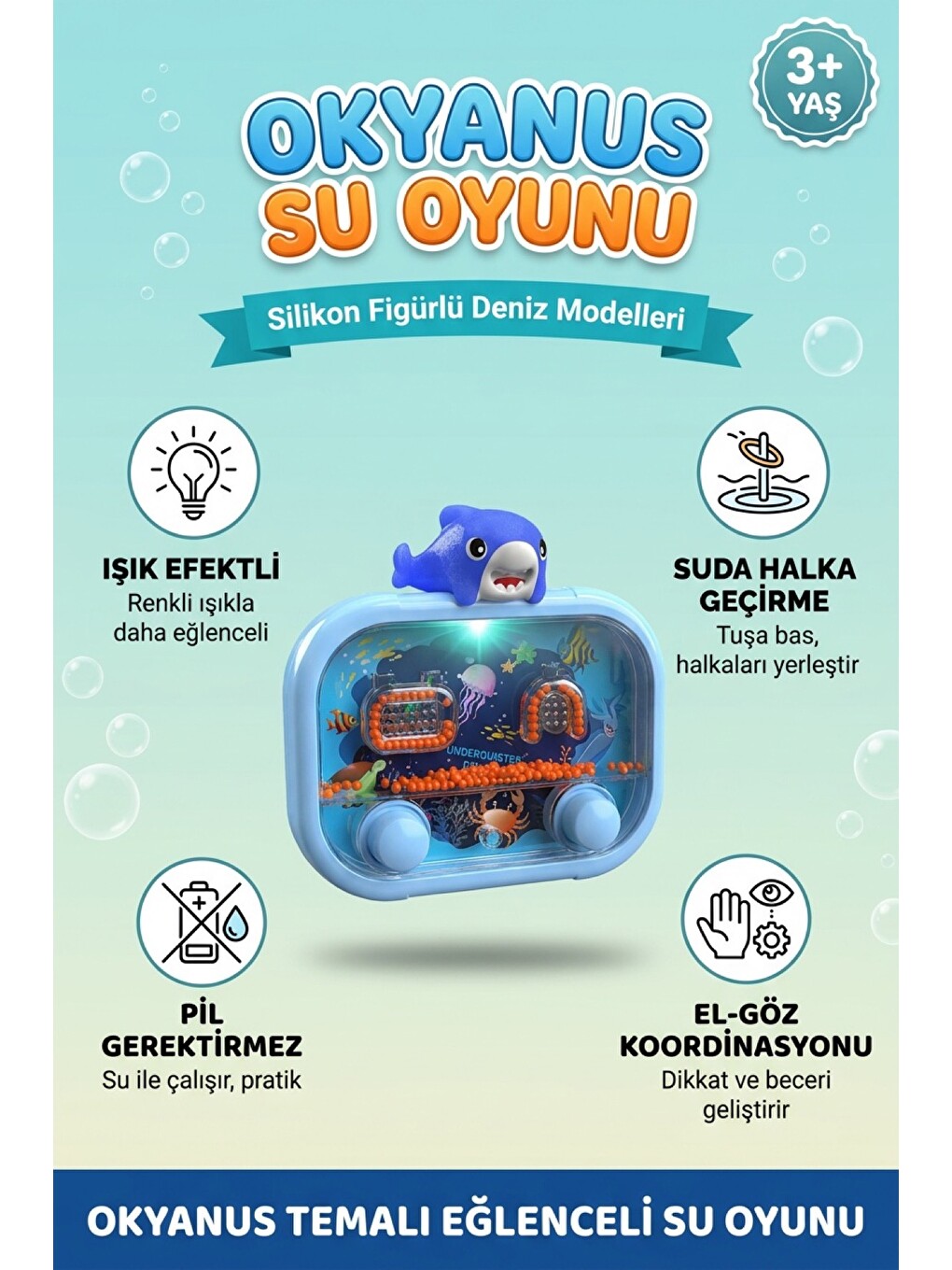 Işıklı Su Oyunu Okyanus Silikon Figür Suda Halka Geçirme Nostaljik El Atarisi Pilsiz Su İle Çalışan-1