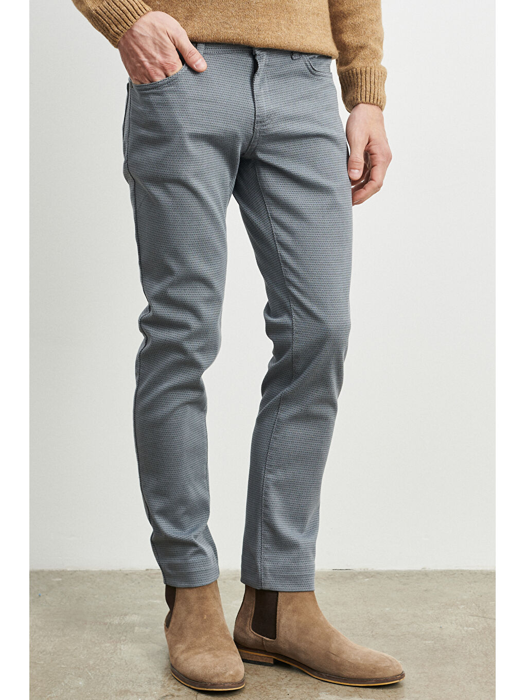 Erkek Gri-Mavi Slim Fit Dar Kesim Armürlü Esnek Casual Pantolon-1