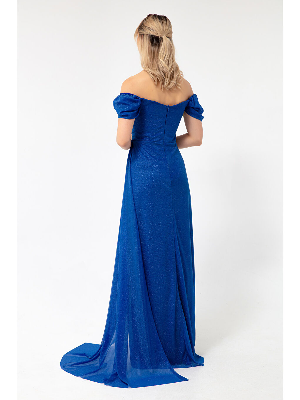 Mavi Kadın Saks Kayık Yaka Drapeli Yırtmaçlı Uzun Simli Abiye Elbise-4