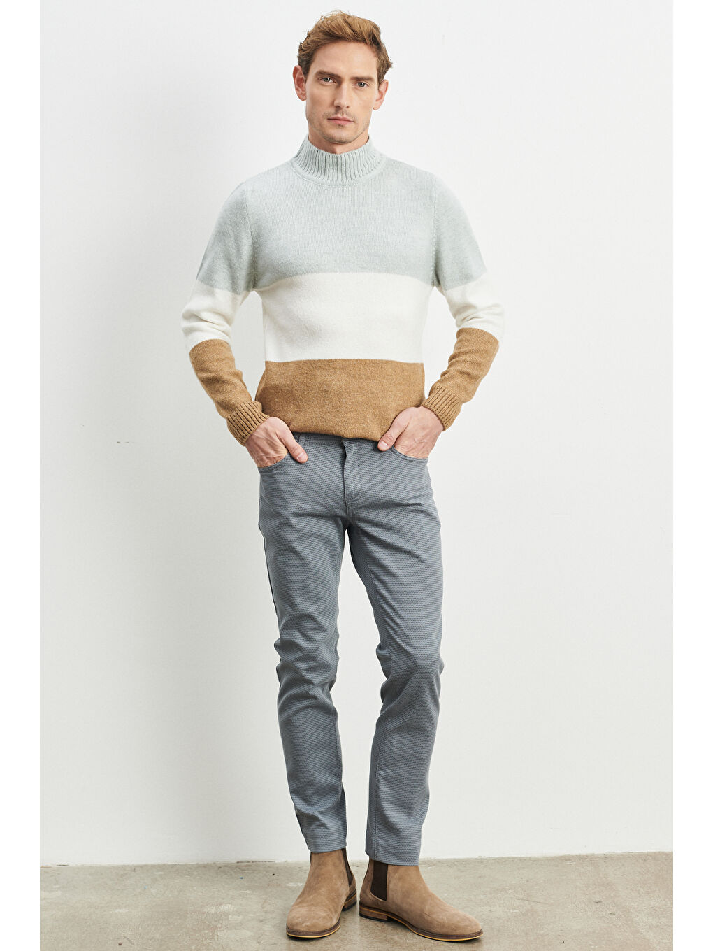 Erkek Gri-Mavi Slim Fit Dar Kesim Armürlü Esnek Casual Pantolon-2