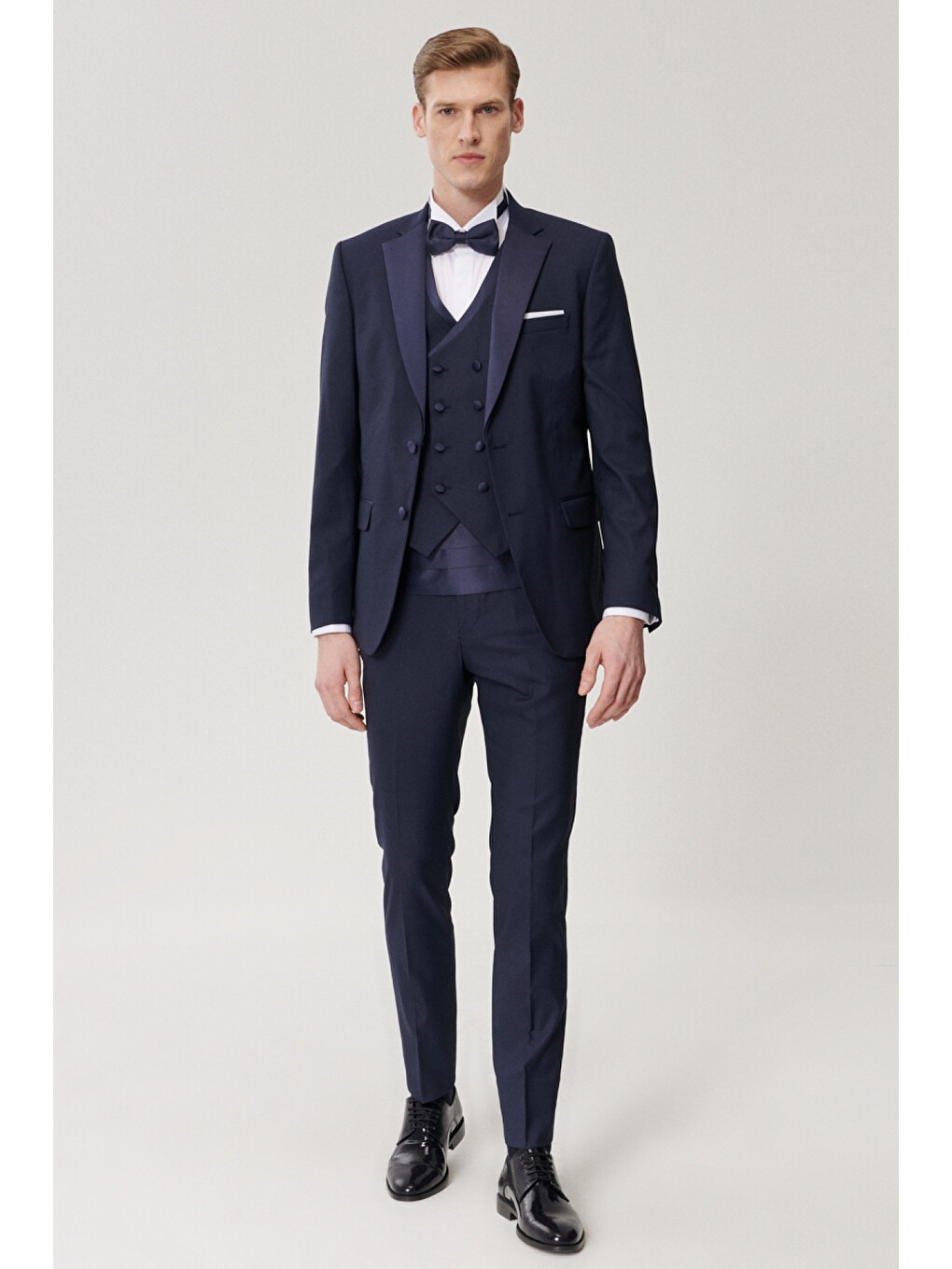 Erkek Lacivert Slim Fit Yelekli Smokin Damatlık-2