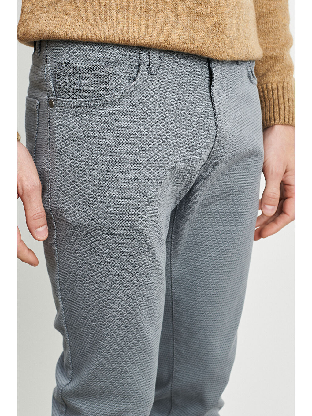 Erkek Gri-Mavi Slim Fit Dar Kesim Armürlü Esnek Casual Pantolon-3