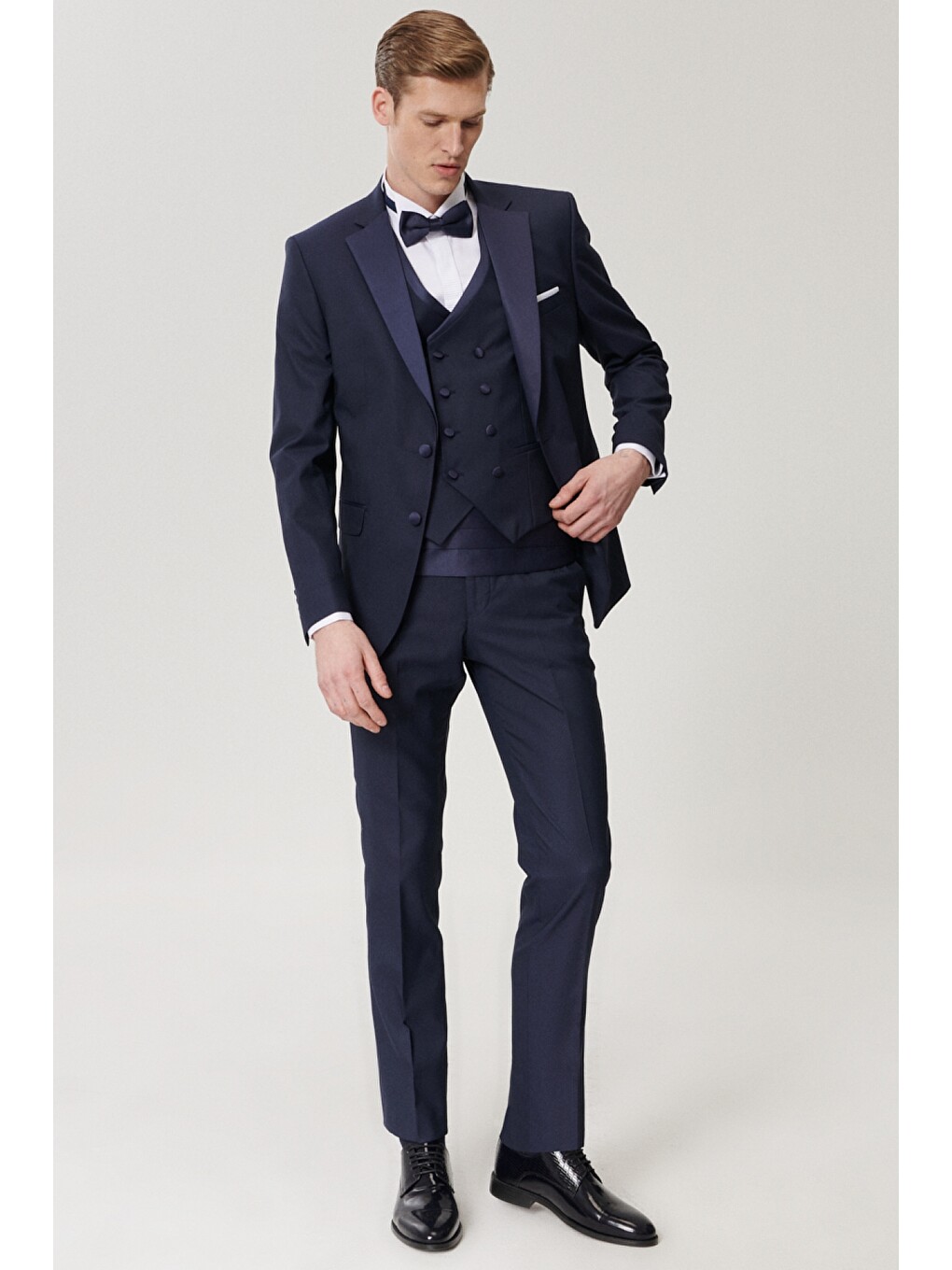 Erkek Lacivert Slim Fit Yelekli Smokin Damatlık-3
