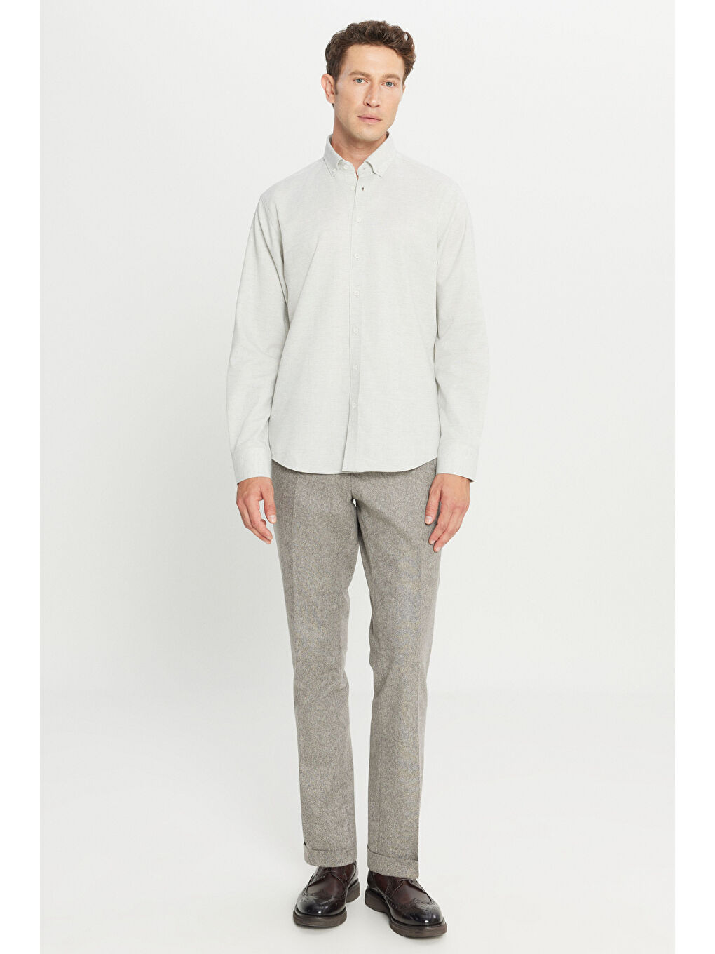 Erkek Gri %100 Pamuk Comfort Fit Rahat Kesim Düğmeli Yaka Flanel Gömlek-1