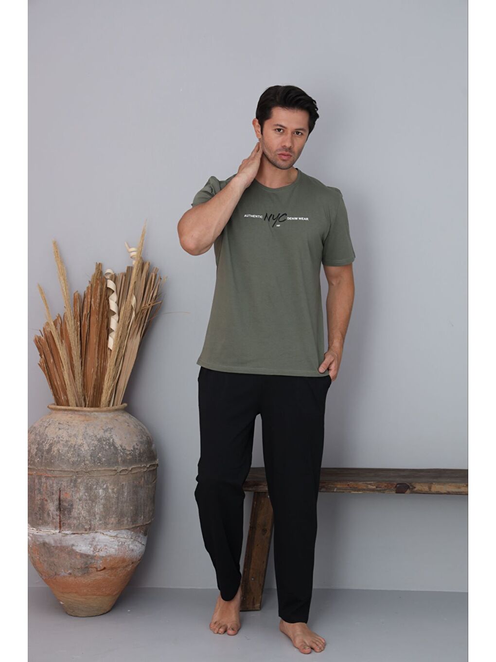 Siyah Erkek Haki %100 Pamuk Kısa Kollu Pijama Takımı