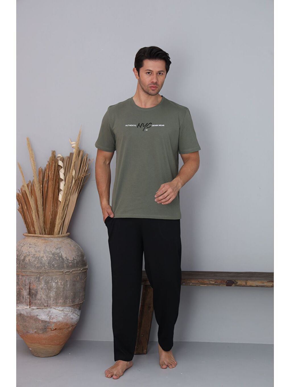 Siyah Erkek Haki %100 Pamuk Kısa Kollu Pijama Takımı-1