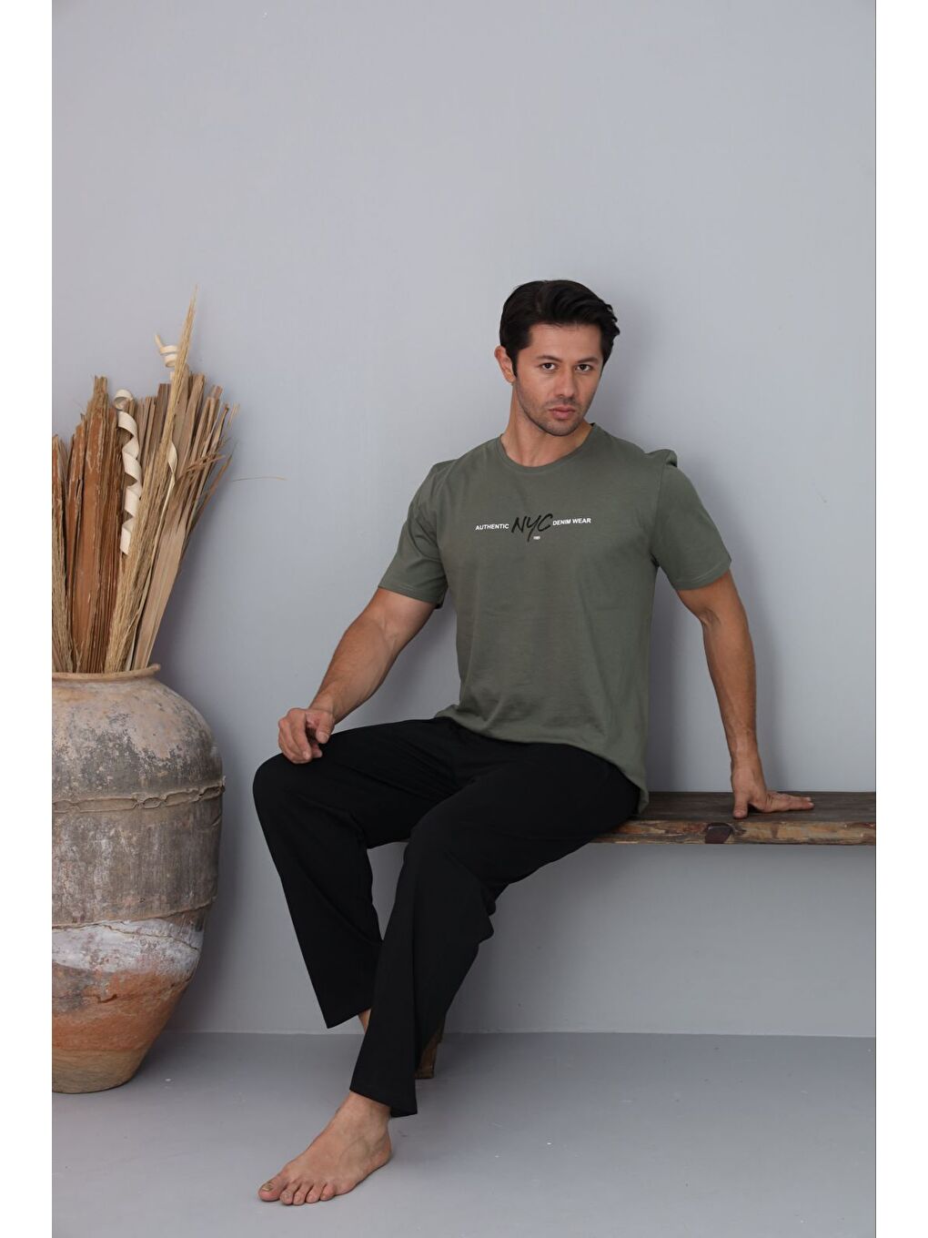 Siyah Erkek Haki %100 Pamuk Kısa Kollu Pijama Takımı-2