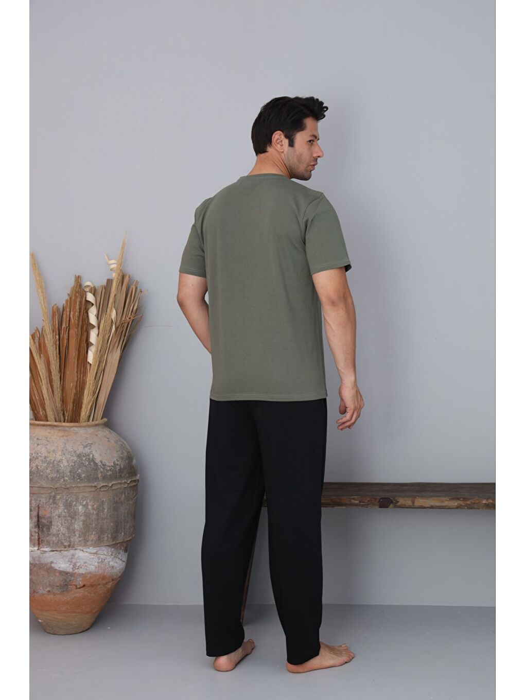 Siyah Erkek Haki %100 Pamuk Kısa Kollu Pijama Takımı-3