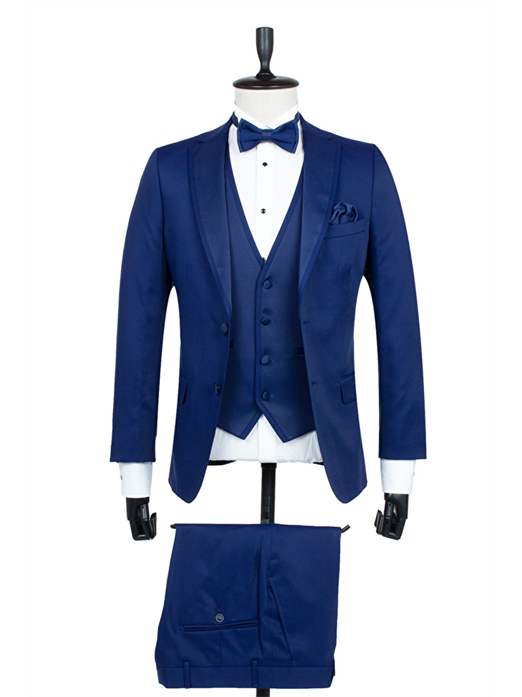 Lacivert Armürlü Mono Yaka Astarlı Yelekli 6 Drop Slim Fit Smokin Damatlık 1001195219