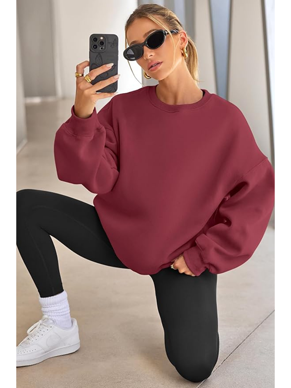 Bordo Genıus Store Kadın Sweatshirt Oversize Geniş Kalıp İçi Şardonlu Bisiklet Yaka Oversize Sweatshirt KA-1