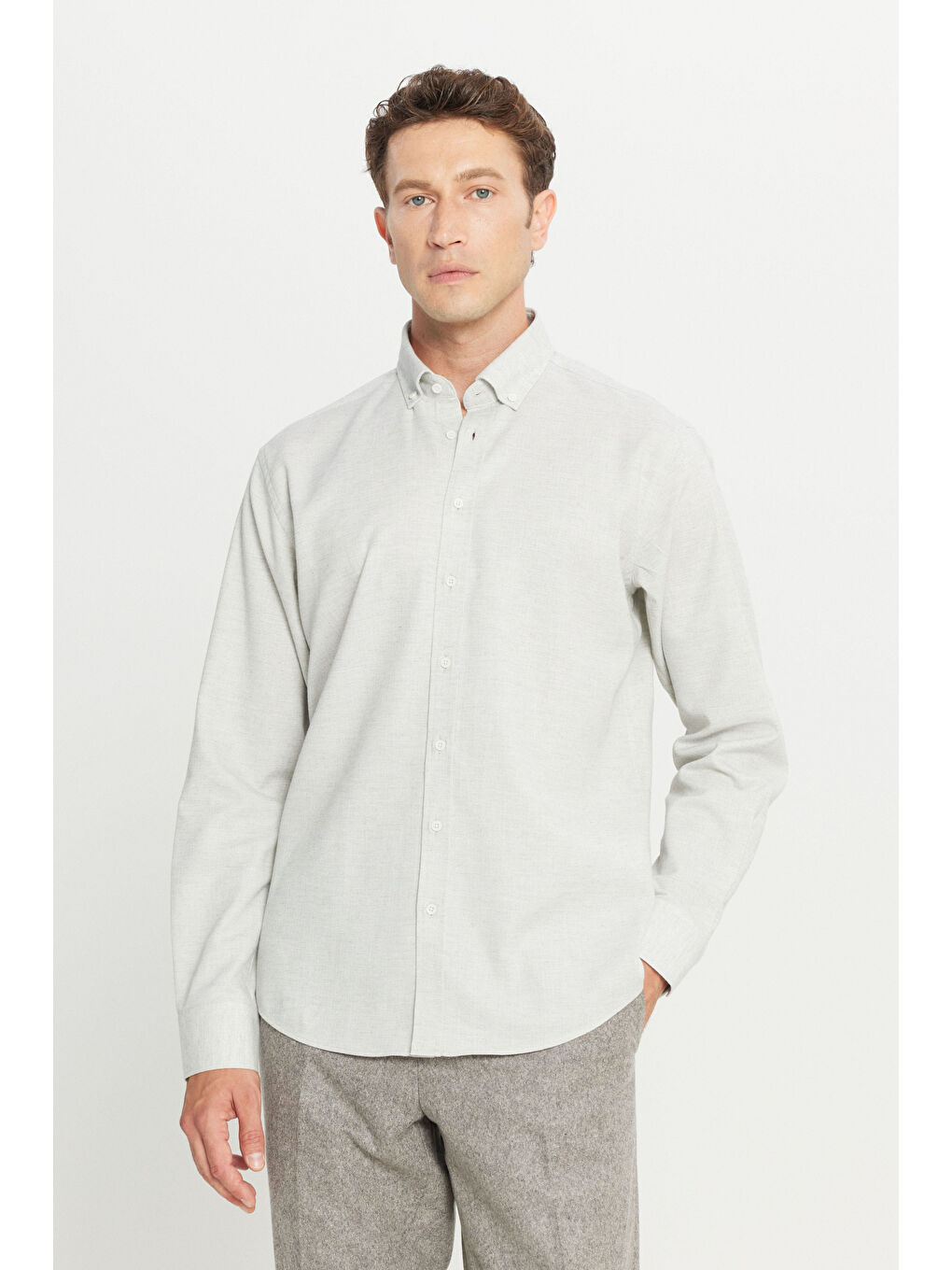 Erkek Gri %100 Pamuk Comfort Fit Rahat Kesim Düğmeli Yaka Flanel Gömlek-2