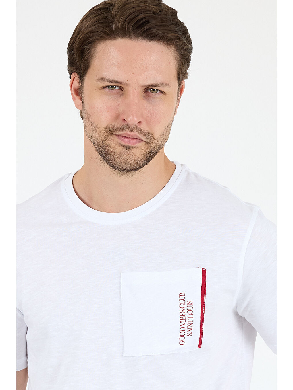 Beyaz Bisiklet Yaka Baskılı Penye Erkek %100 Pamuk Tişört-3