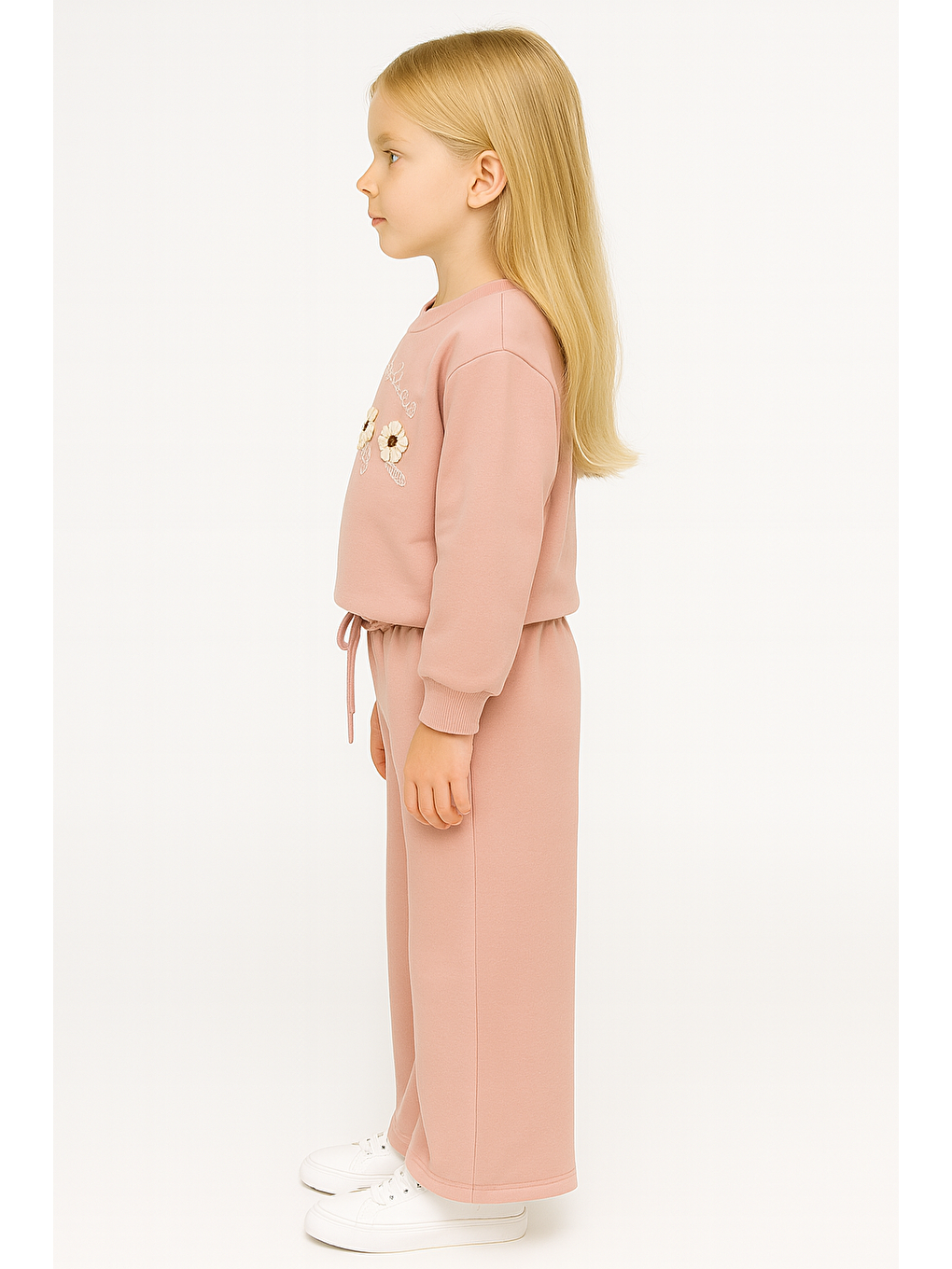 Pembe Bisiklet Yaka Papatya Nakışlı Gül Kurusu Renk Kız Çocuk Eşofman Takım-1