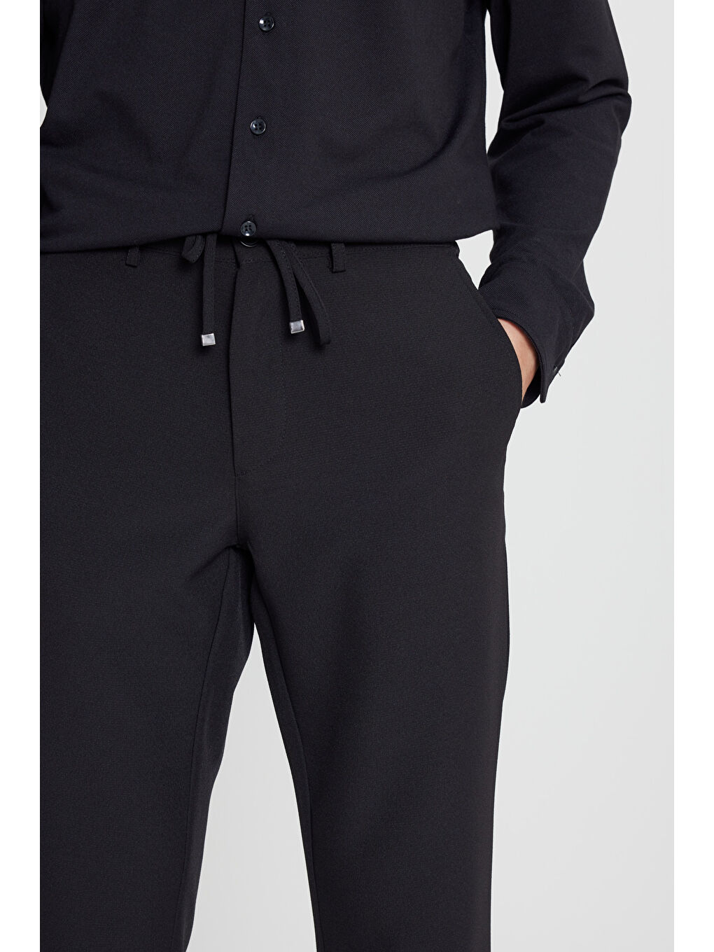 Erkek Siyah Slim Fit Beli Bağlamalı Gofre Desenli Yan Cepli Casual Pantolon-3