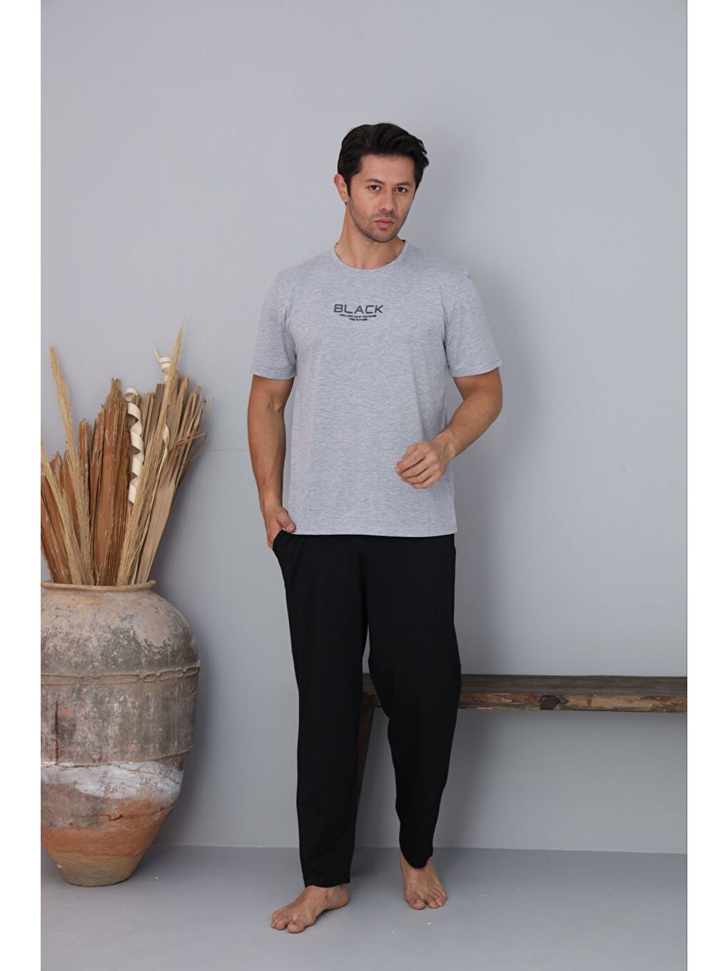 Erkek Gri Baskılı %100 Pamuk Kısa Kollu Pijama Takımı