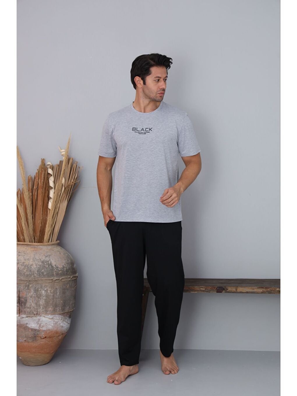 Erkek Gri Baskılı %100 Pamuk Kısa Kollu Pijama Takımı-1