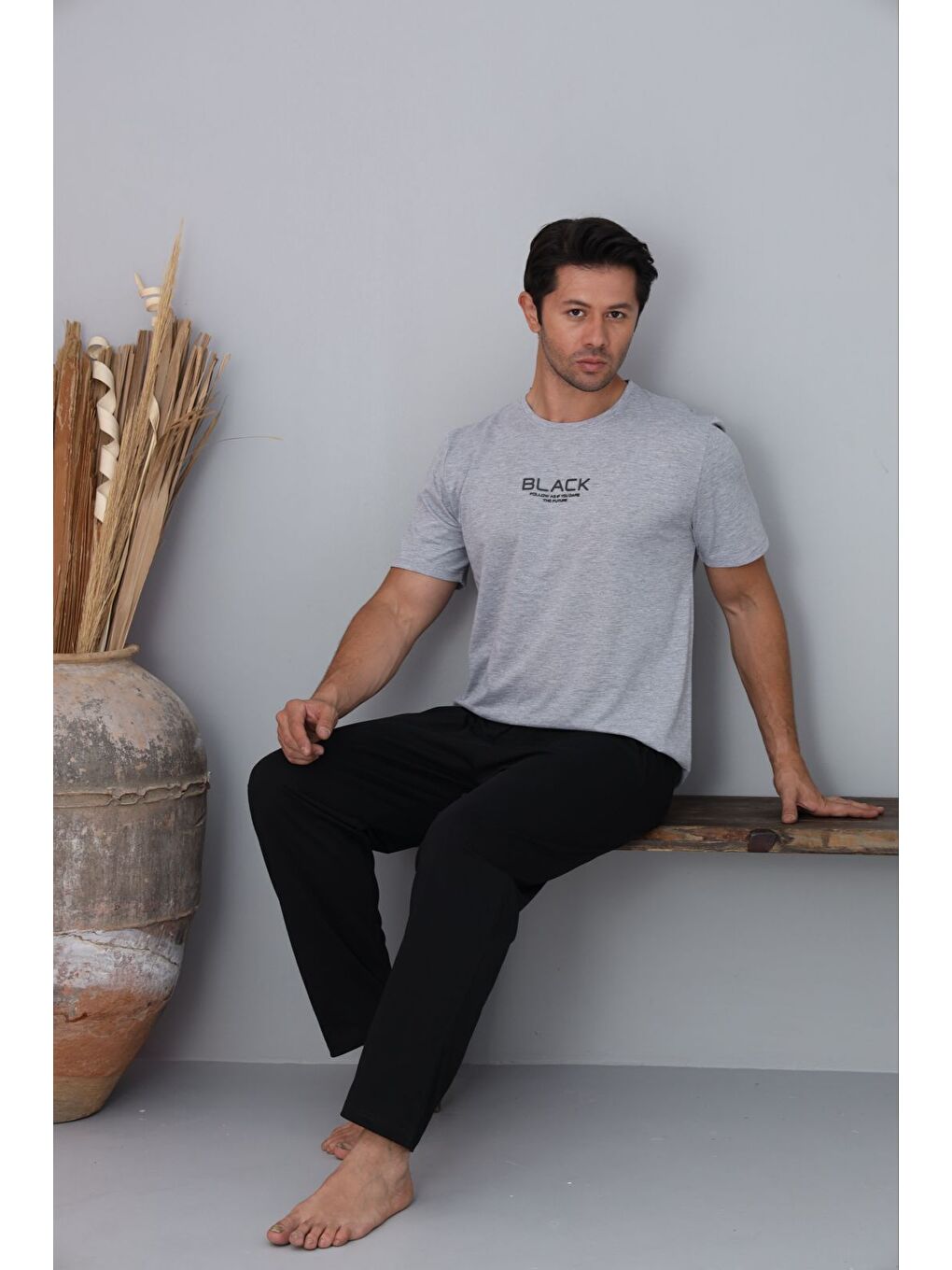 Erkek Gri Baskılı %100 Pamuk Kısa Kollu Pijama Takımı-2