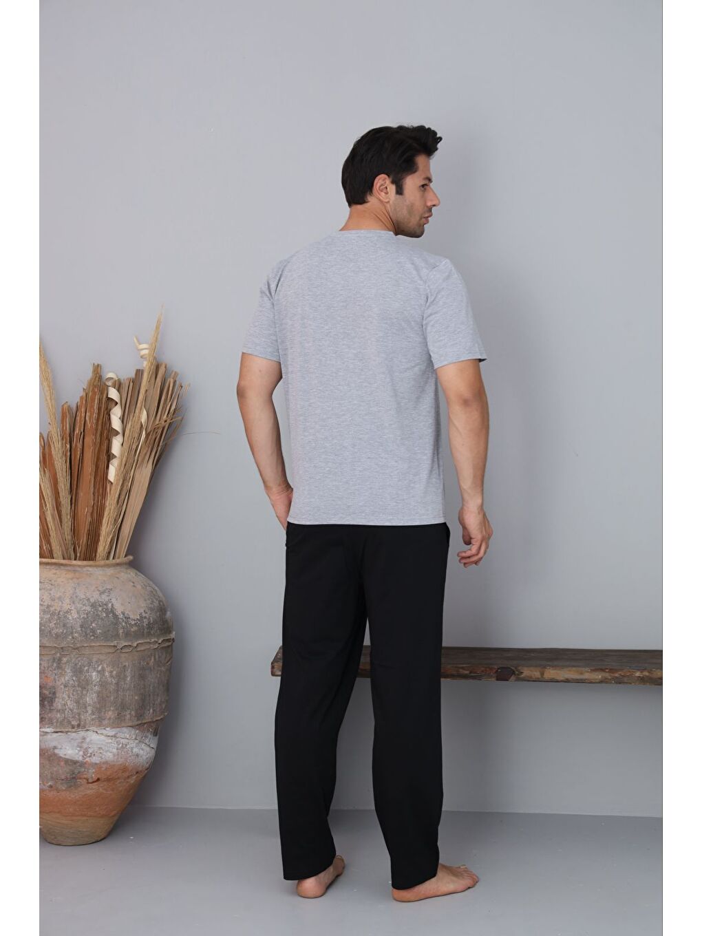 Erkek Gri Baskılı %100 Pamuk Kısa Kollu Pijama Takımı-3