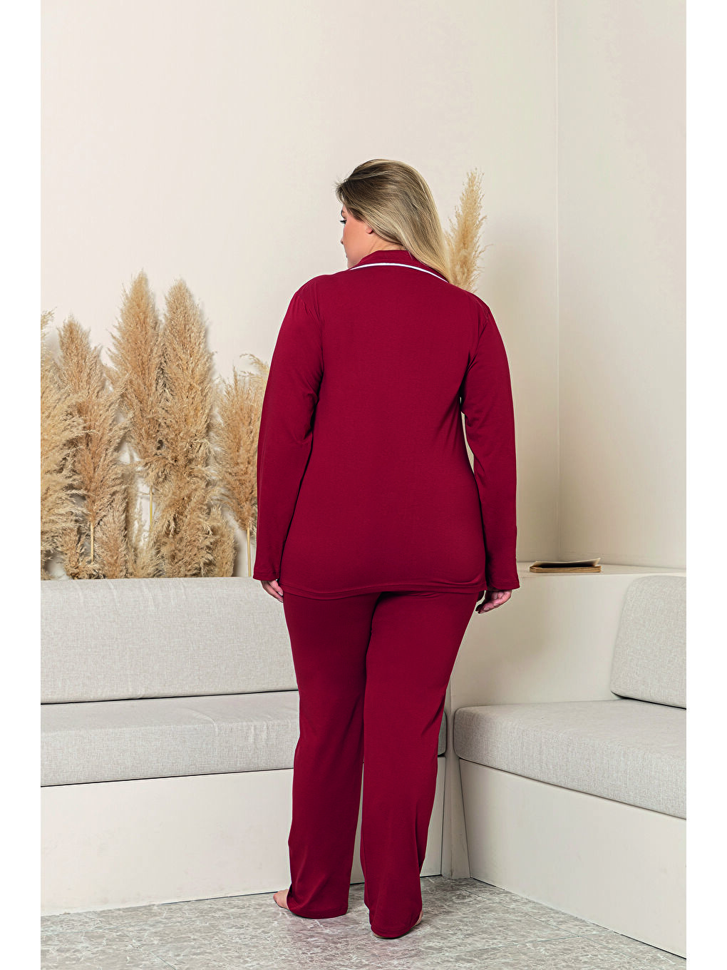 Bordo Kadın %100 Organik Pamuk Doğal Gömlek Yaka Düğmeli Uzun Kollu Biyeli Battal Pijama Takımı-1
