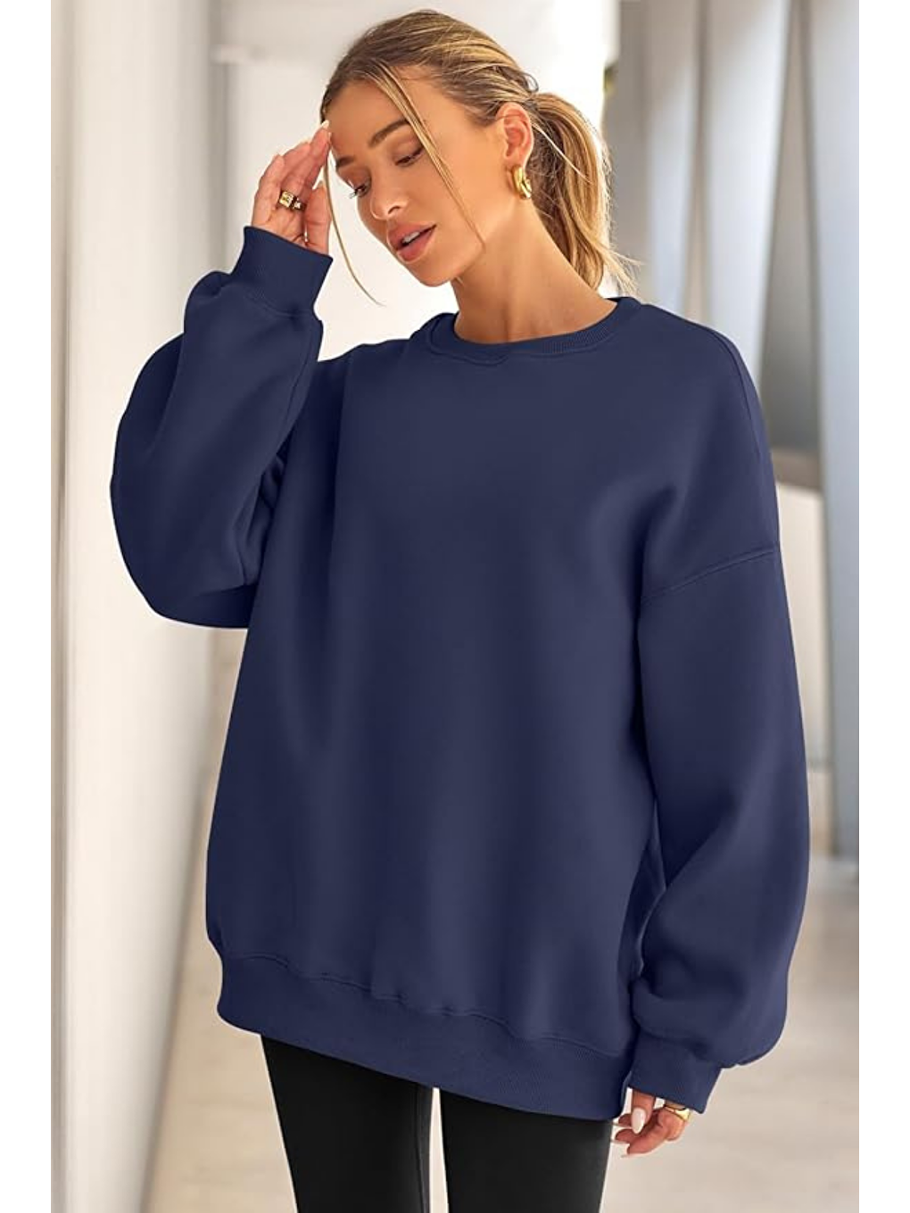 Lacivert Genıus Store Kadın Sweatshirt Oversize Geniş Kalıp İçi Şardonlu Bisiklet Yaka Oversize Sweatshirt KA