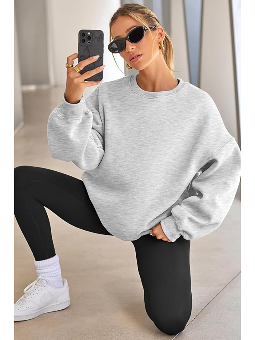 Gri Genıus Store Kadın Sweatshirt Oversize Geniş Kalıp İçi Şardonlu Bisiklet Yaka Oversize Sweatshirt KA-1