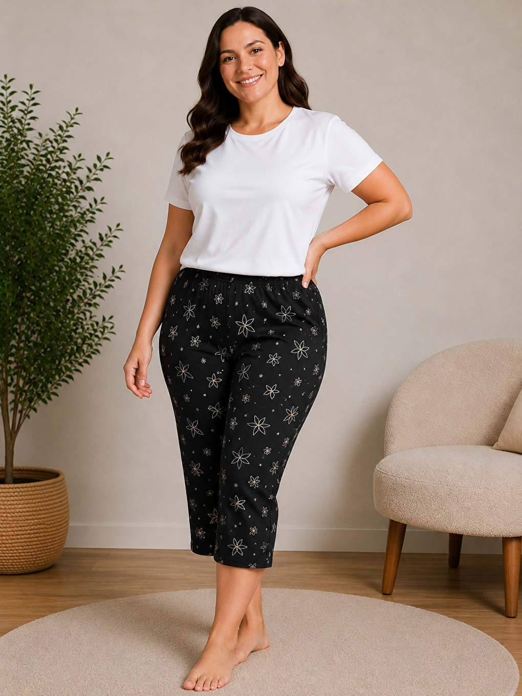 Siyah Kadın Battal Kaliteli Bambu Milan Kumaş Desenli Yumuşak Esnek Büyük Beden Pijama Kapri-2