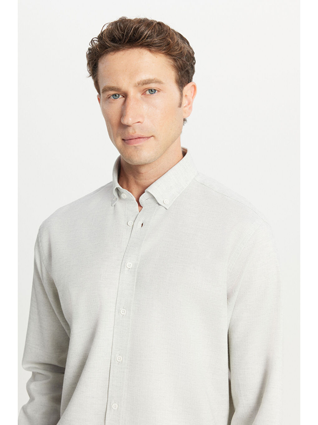 Erkek Gri %100 Pamuk Comfort Fit Rahat Kesim Düğmeli Yaka Flanel Gömlek-3