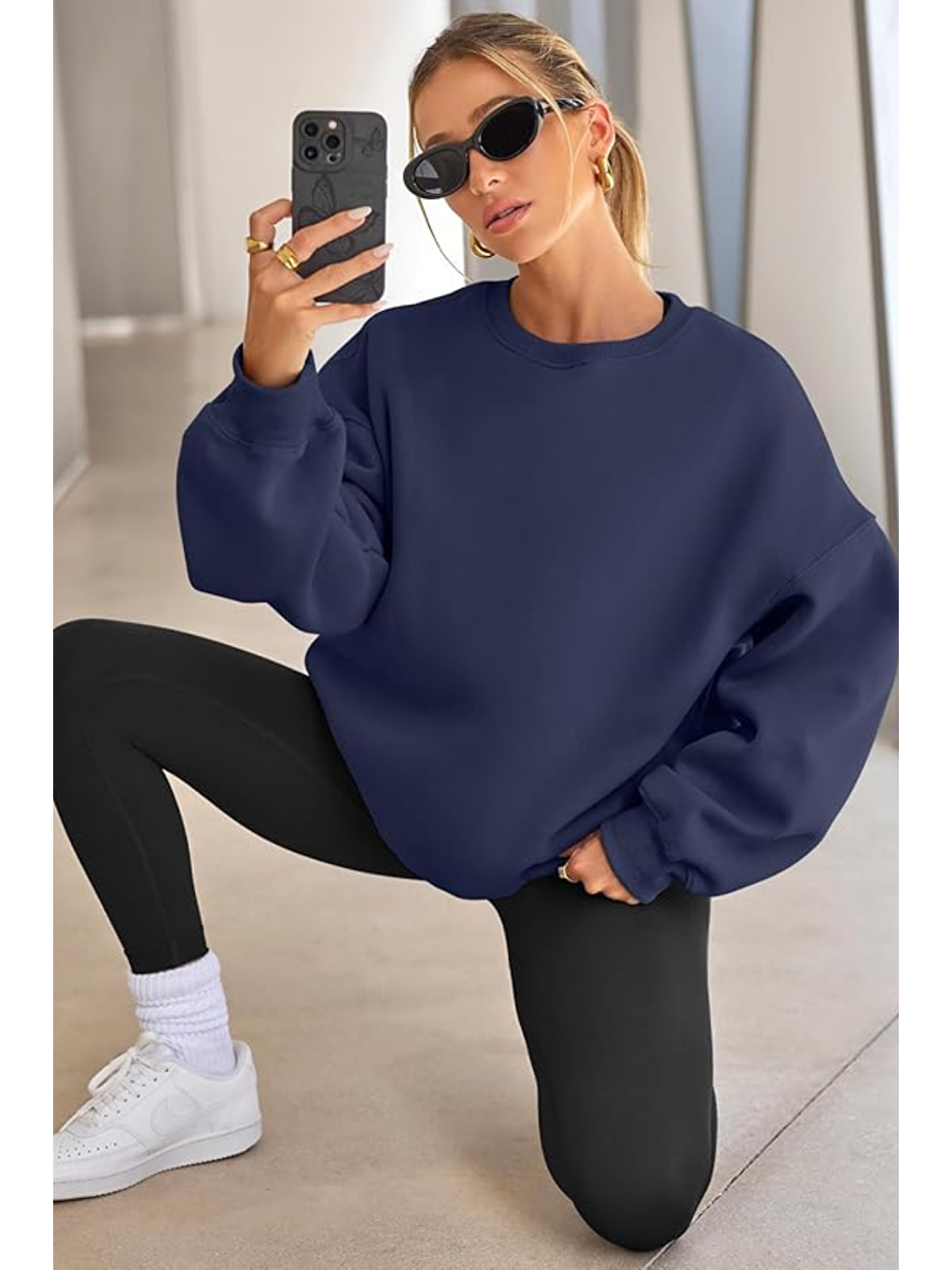 Lacivert Genıus Store Kadın Sweatshirt Oversize Geniş Kalıp İçi Şardonlu Bisiklet Yaka Oversize Sweatshirt KA-1