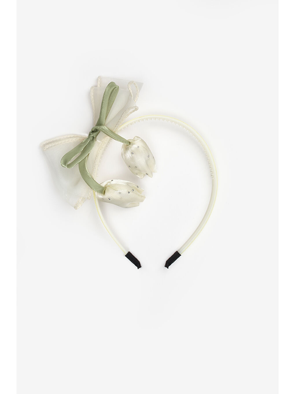 Ekru Lale Figürlü Fiyonk Detaylı Kız Çocuk Taç