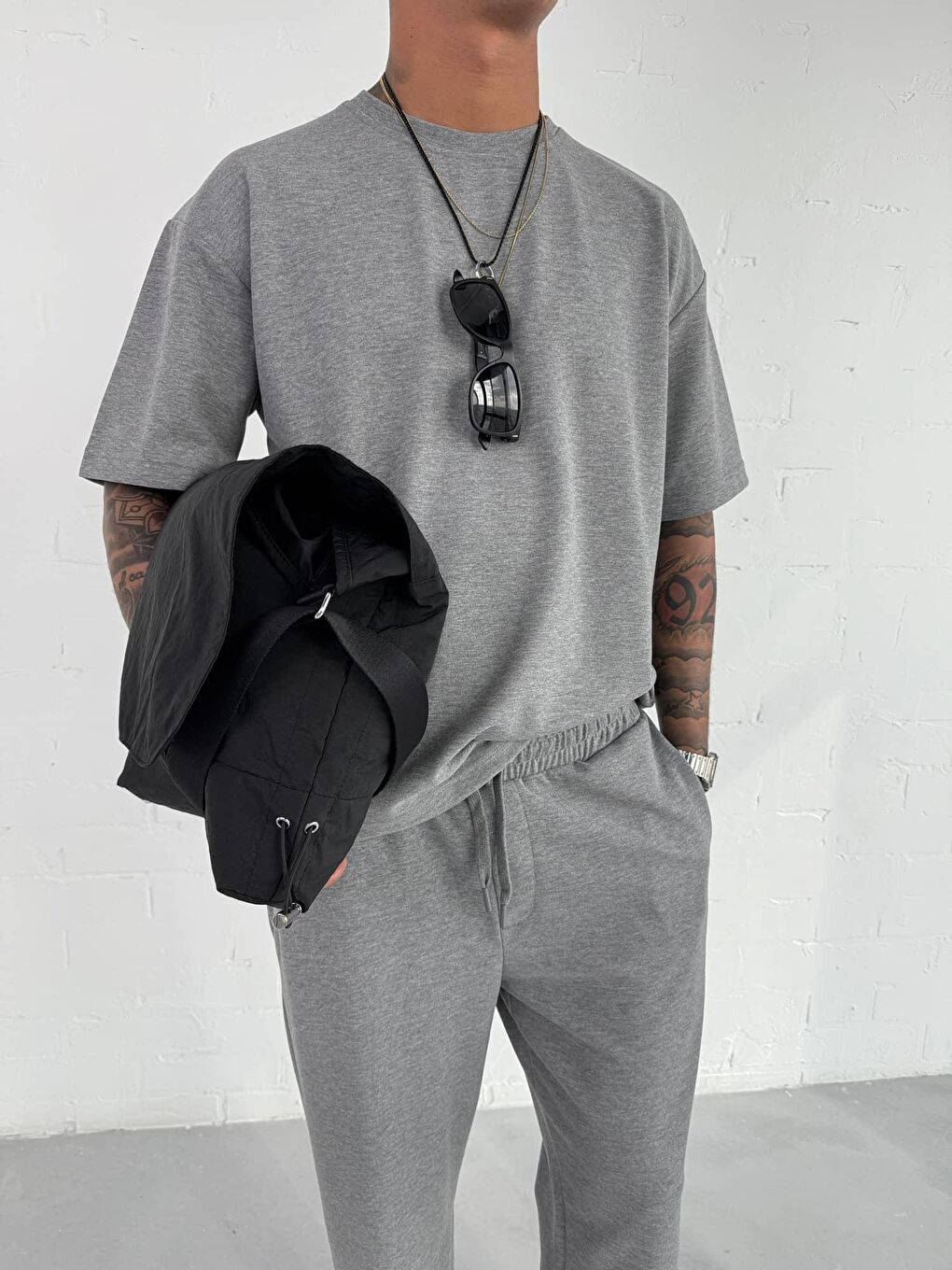 Erkek Oversize Basic Rahat T-Shirt Gri Melanj-2