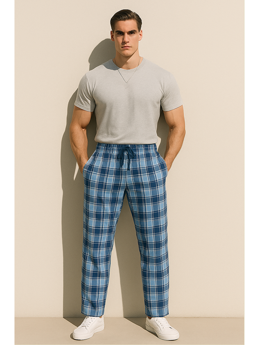 Mavi Erkek %100 Pamuk Cepli Ekose Pijama Altı