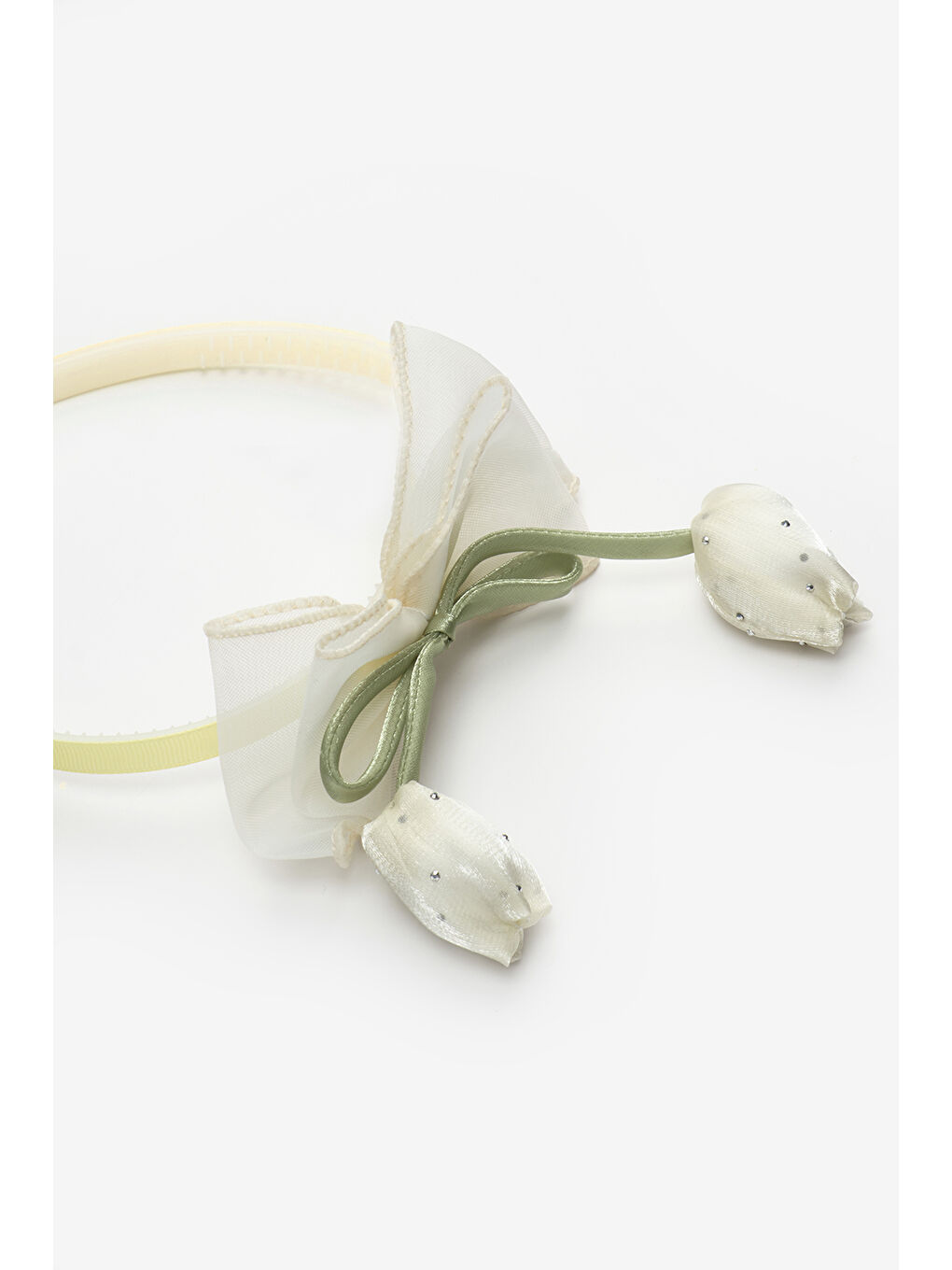 Ekru Lale Figürlü Fiyonk Detaylı Kız Çocuk Taç-1