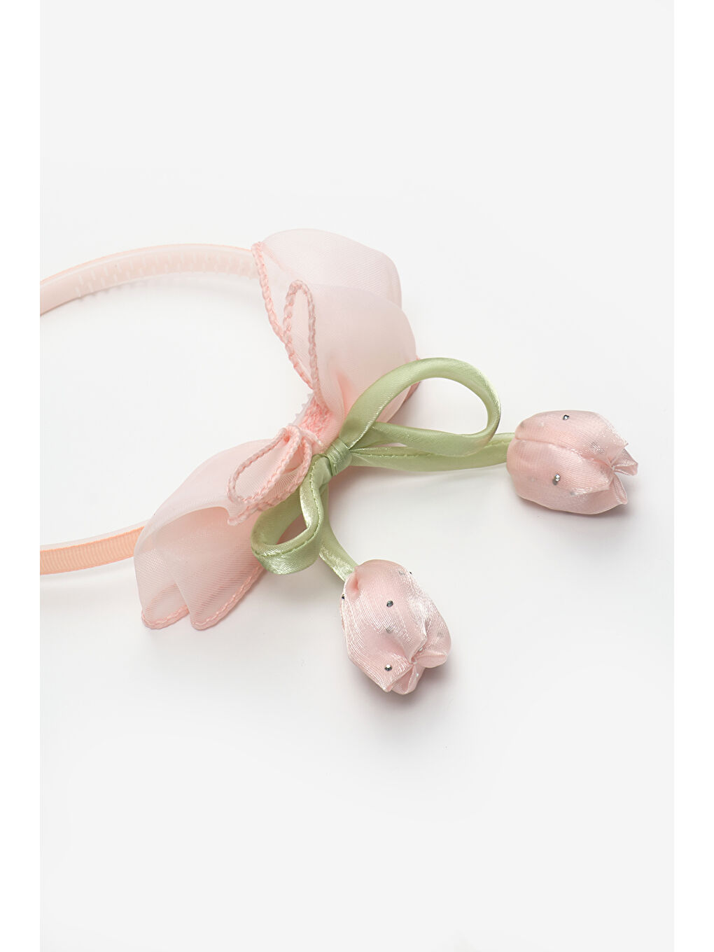 Pembe Pudra Lale Figürlü Fiyonk Detaylı Kız Çocuk Taç-1