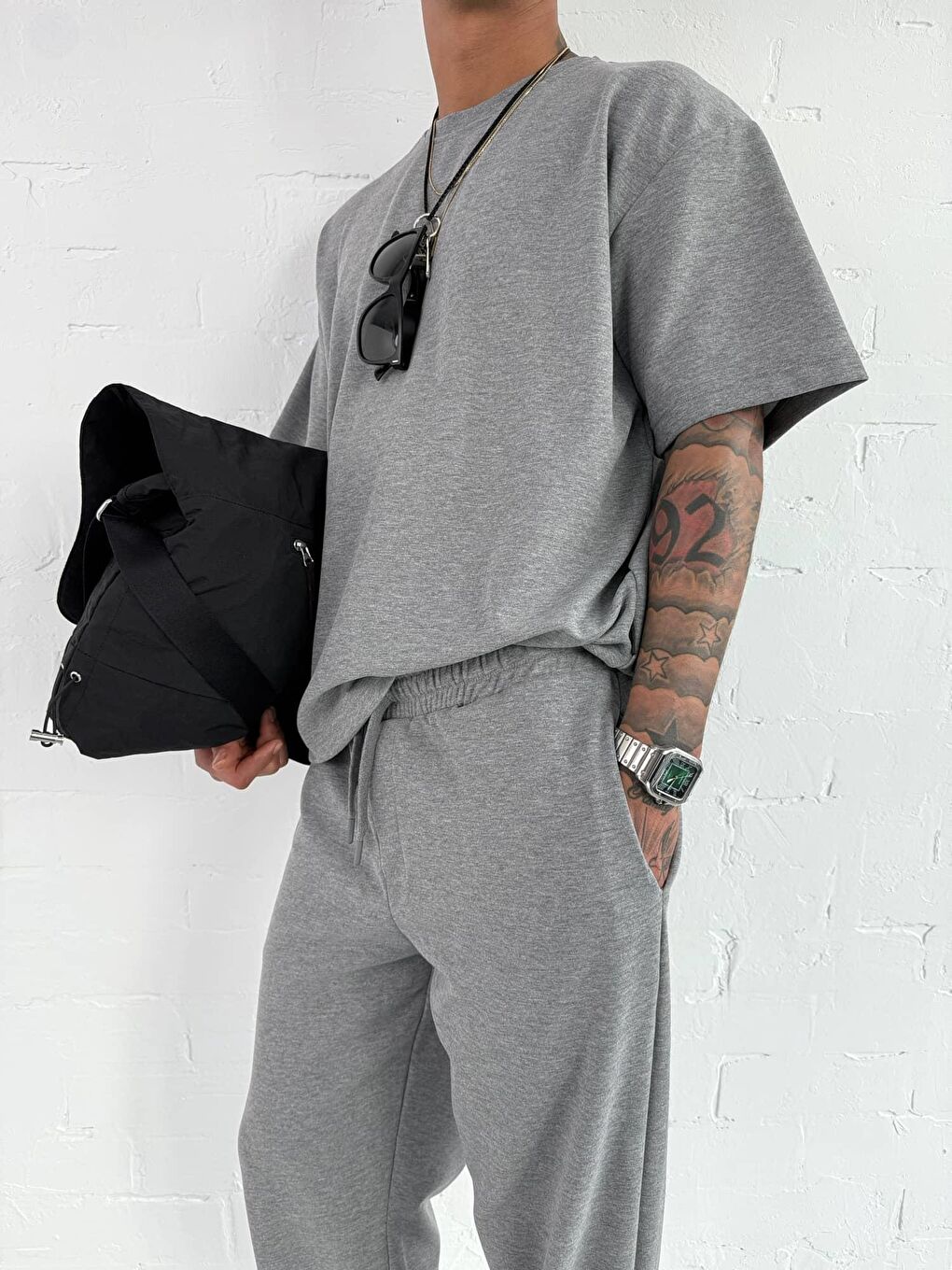 Erkek Oversize Basic Rahat T-Shirt Gri Melanj-3