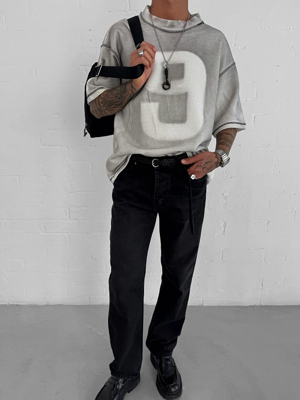 Erkek Dikiş Detaylı Waffle Kumaş Oversize Tişört Beyaz-1