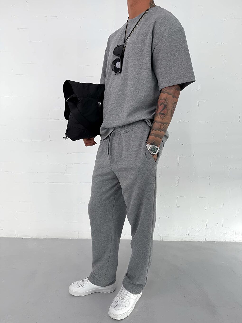 Erkek Oversize Basic Rahat T-Shirt Gri Melanj-4