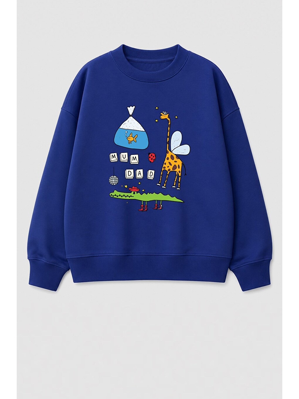 Lacivert Erkek Çocuk 3 İplik Kumaş Zürafa Baskılı Pamuklu Sweatshirt