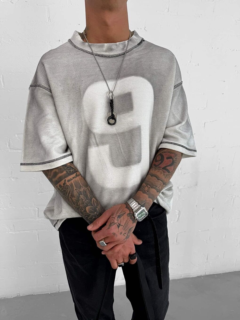 Erkek Dikiş Detaylı Waffle Kumaş Oversize Tişört Beyaz-2