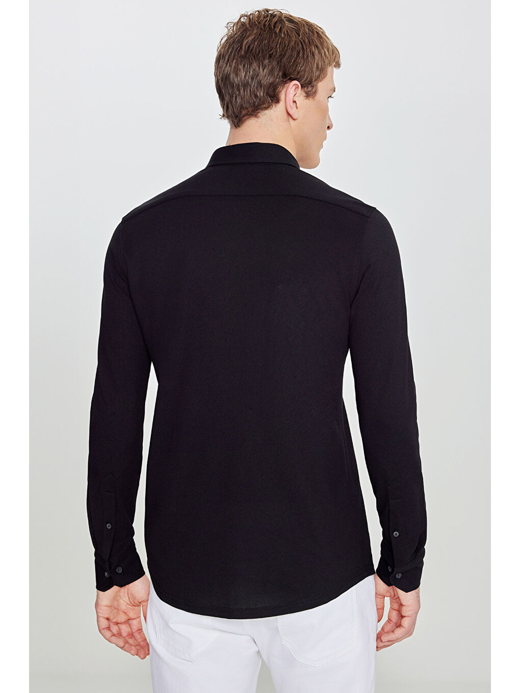 Erkek Siyah Pamuklu Slim Fit Dar Kesim Düğmeli Yaka Örme Gömlek-4